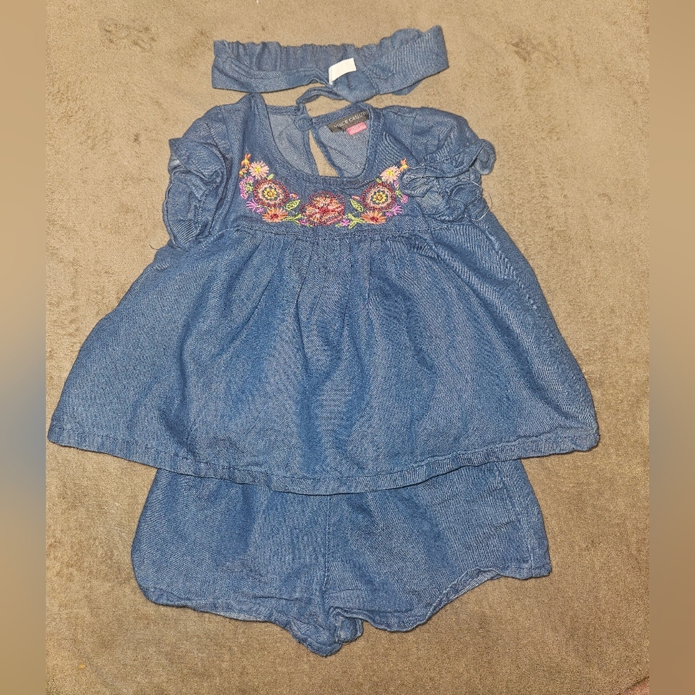 Blue Denim Dress with Floral Embroidery